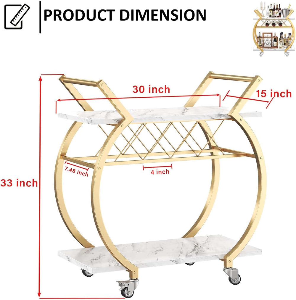 LVB Gold Bar Cart with Wheels, Modern White Marble Home Bar Serving Cart | Dr...