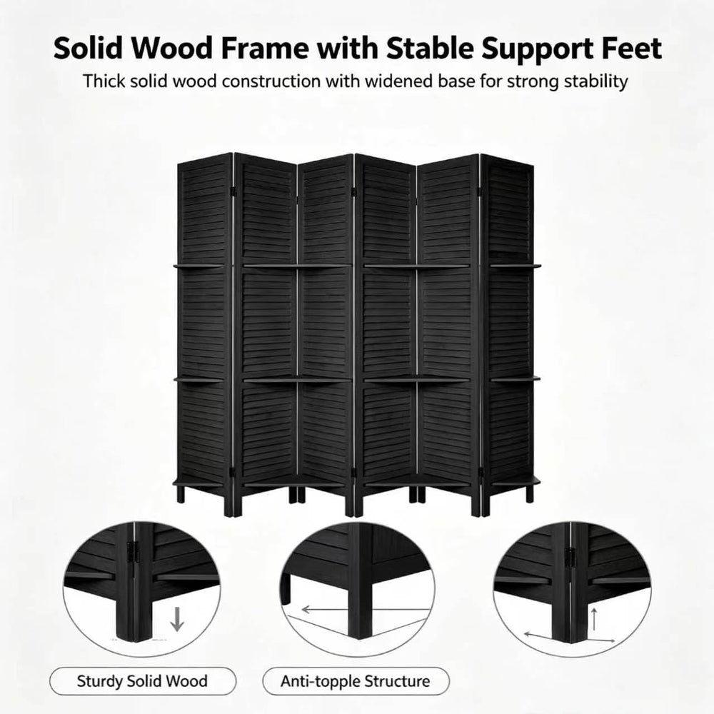 6 Panel Room Divider with Shelves,67" H Tall Folding Privacy Screen,Black