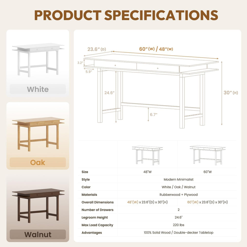60in Solid Wood Desk - Oak Double-Top Writing Table with Drawers