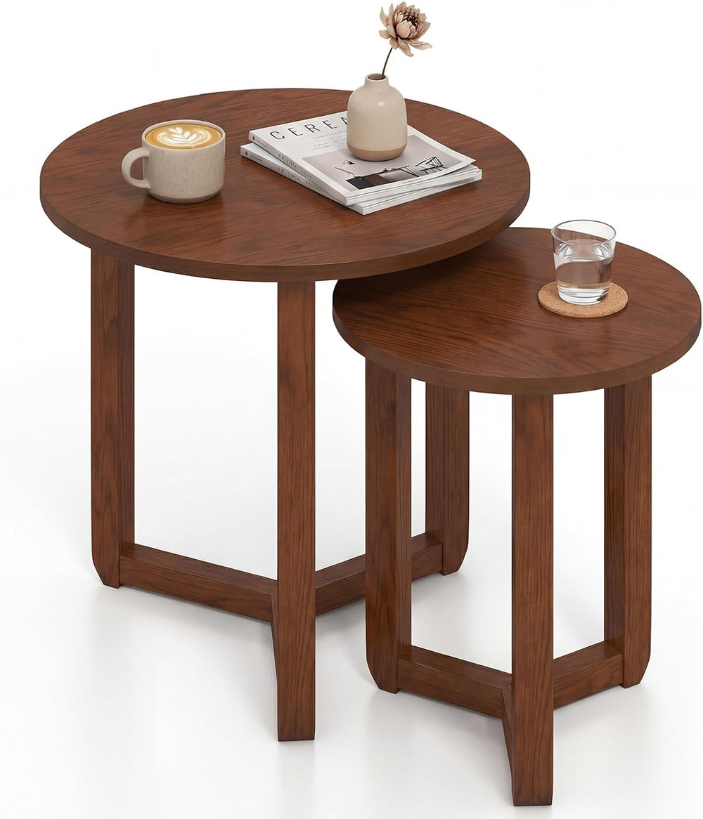 KOTEK Nesting Table Set of 2, Round Coffee Table for Living Room (Walnut) | M...