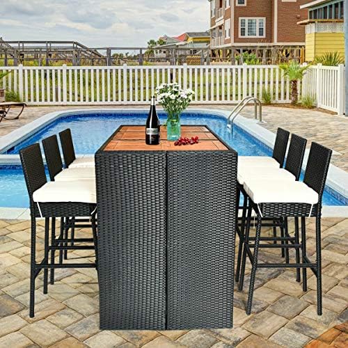 Tangkula 7 PCS Outdoor Wicker Furniture with Acacia Wood Bar Table Top and Re...