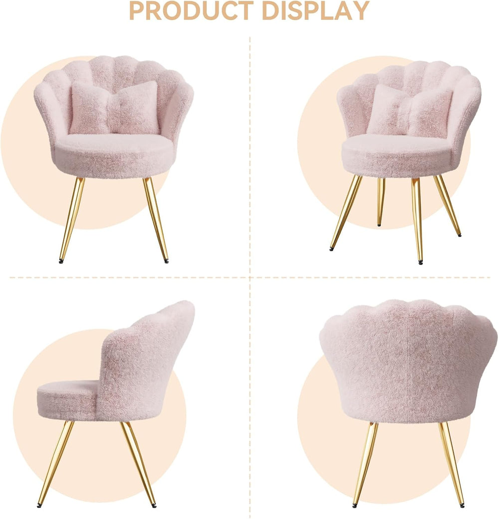 Plush Sherpa Accent Chair with Gold Metal Legs, Fluffy Vanity Chair for Makeu...