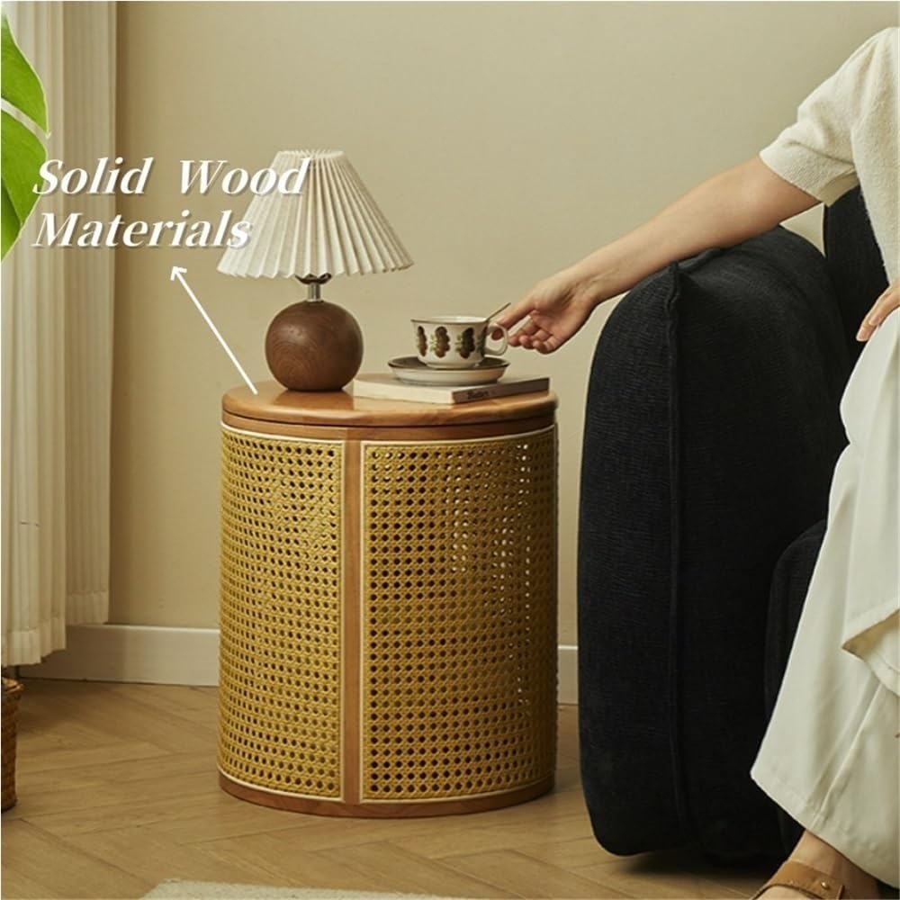 Simple Wood Side Table Handmade Round Storage Small Imitation Woven Rattan So...