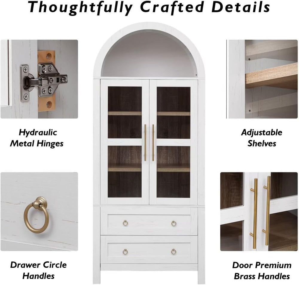 71" Tall Arched Kitchen Pantry Cabinet with 2 Large Drawers, Modern Farm...