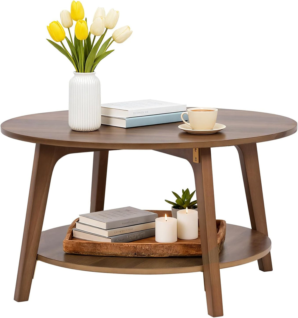 FDW Round Coffee Table 2-Tier Modern Wood Center Table with Storage for Livin...