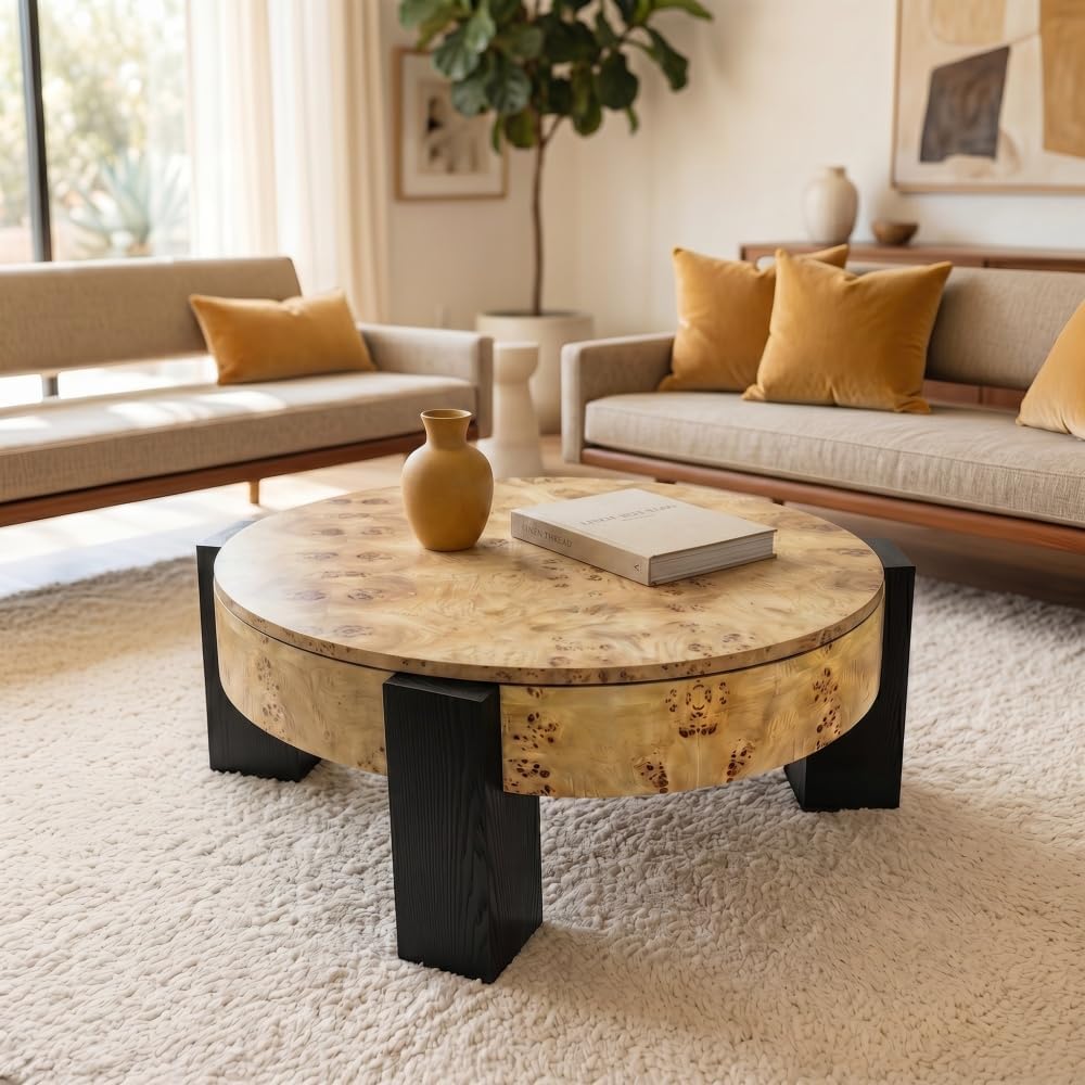 33'' Round Burl Wood Storage Coffee Table, Organic Modern Hidden Comp...