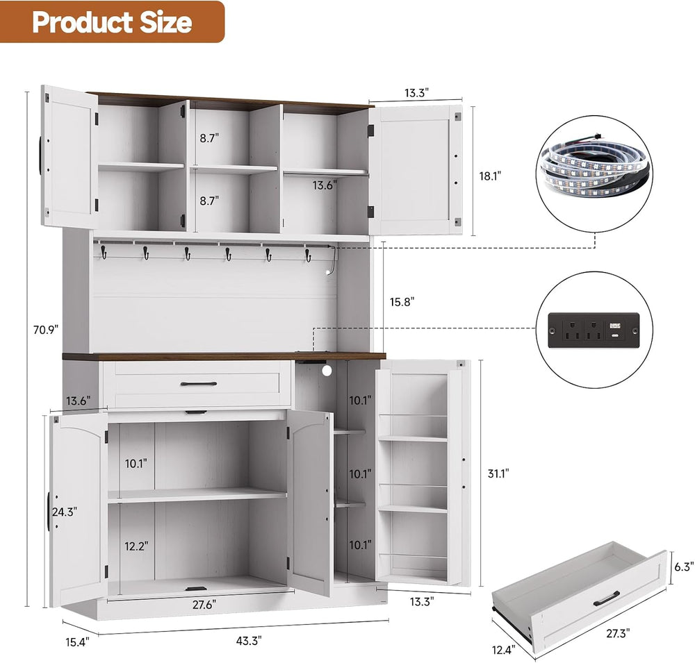 ONBRILL 71" Kitchen Pantry Cabinet with LED Light/Outlet, Off White+Waln...
