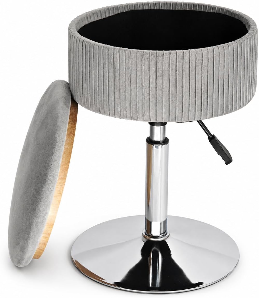 2 in 1 Adjustable Storage Vanity Stool with Flip-Over Wood Tray | 360° Swivel...
