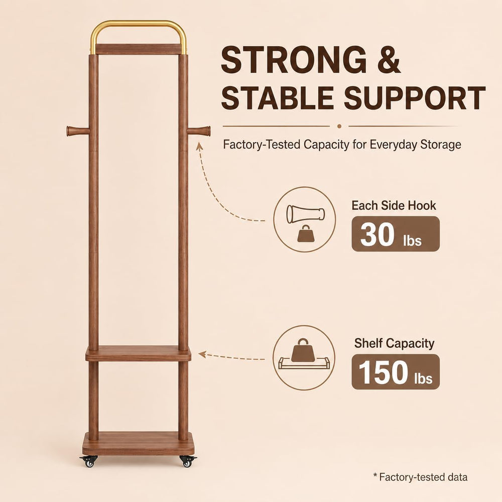 VetaDeMadera Wooden Coat Rack, Rolling Rack with Shelves