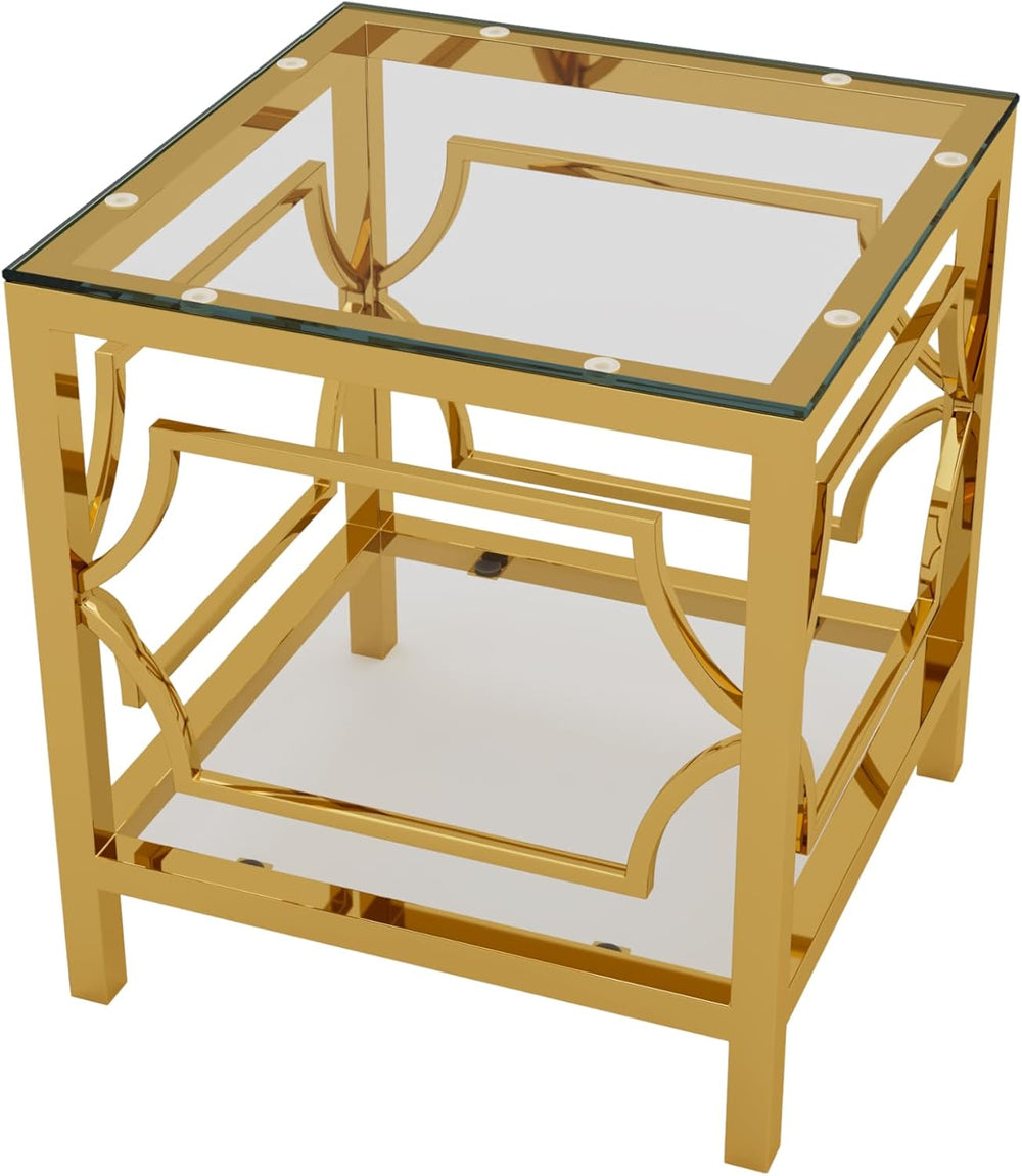 19.7" Modern Square Side Table with Tempered Glass Top & Storage She...