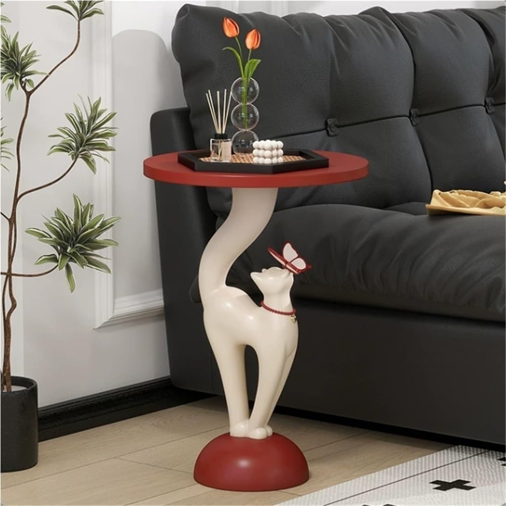 Elegant Resin Cat Sculpture Side Table with Tray, Modern Creative Bedside Tab...