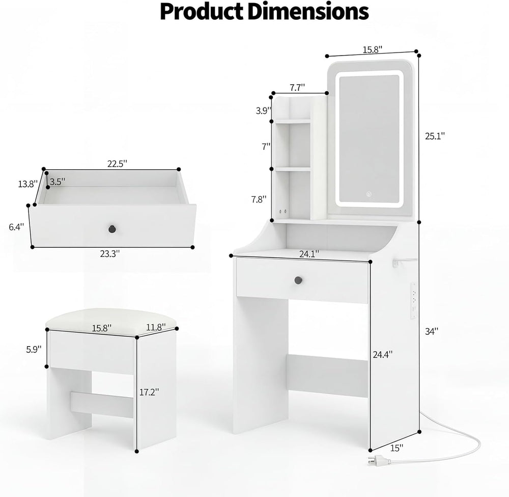 Small Vanity Desk with LED Light Mirror and Storage Bench, White | Small Vani...