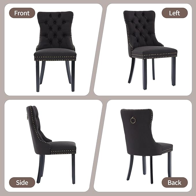 Black Dining Chairs Set of 2, Upholstered Tufted Linen Fabric Dining Room Cha...
