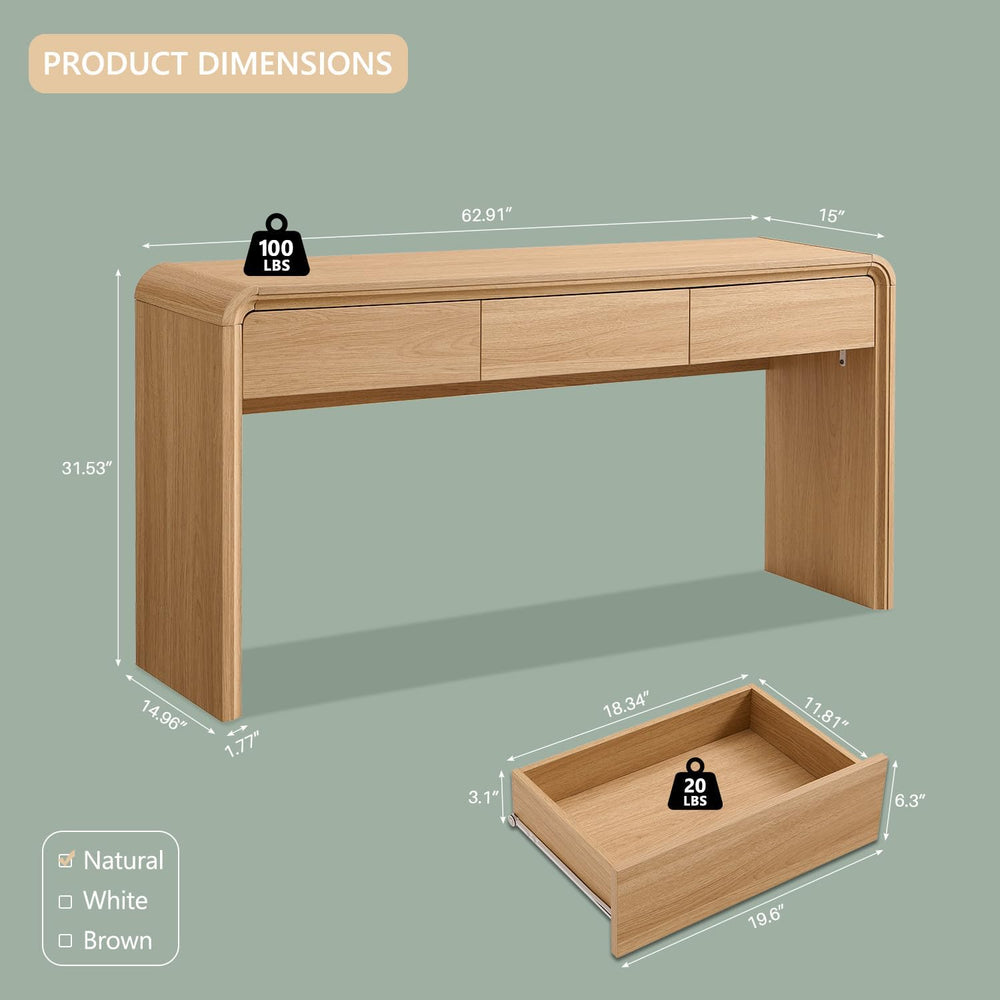 Aitjunz 63'' Console Table with 3 Drawers, Modern Entryway Table with...