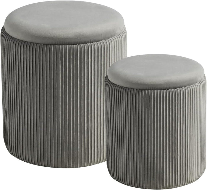 BLEXA Set of 2 Round Storage Ottoman Light Grey Velvet Ottoman with Storage