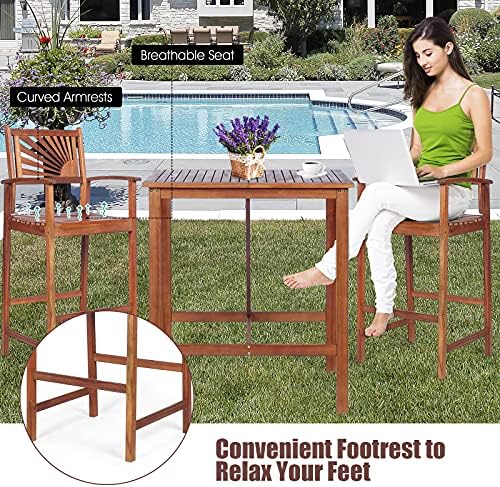 COSTWAY 3PCS Bar Table Set, Outdoor Acacia Wood Dining Set