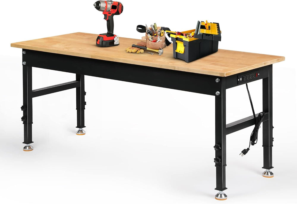 Betterhood Adjustable Height Workbench, 60" Rubber Wood Top Heavy Duty W...