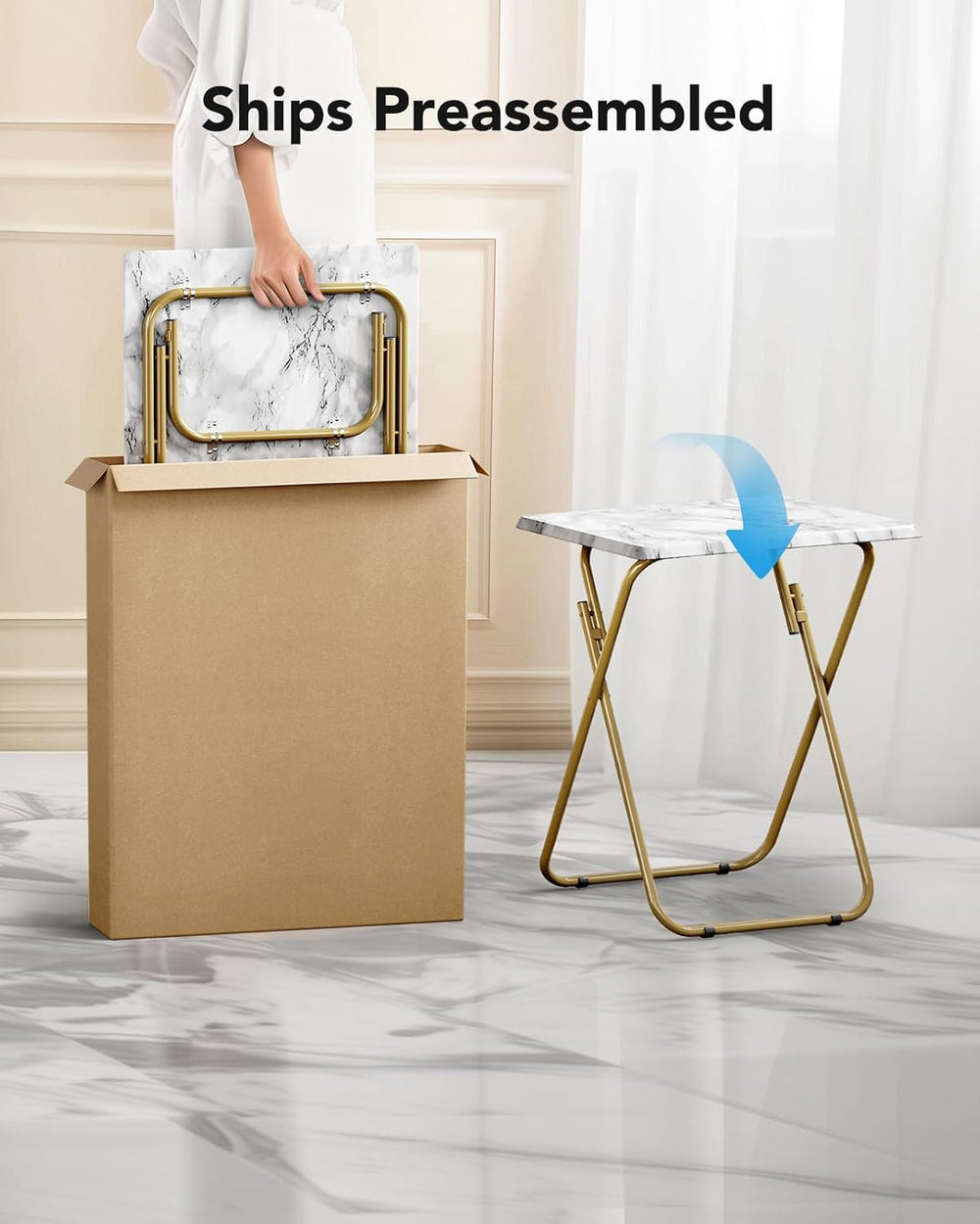 HUANUO Folding TV Tray Table, No Assembly TV Tray with Marble-Look Top | Vers...