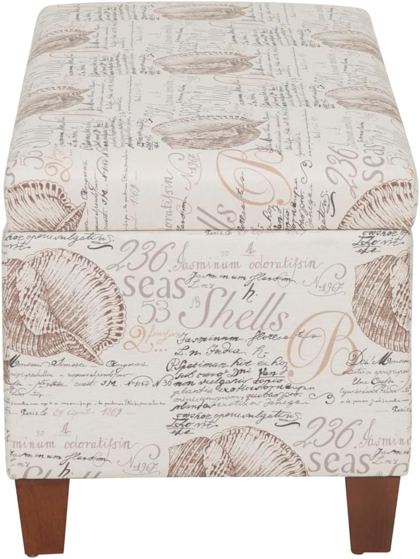 Linon Carmen Ivory and Beige Seashell Upholstered Lift Top Storage Ottoman wi...