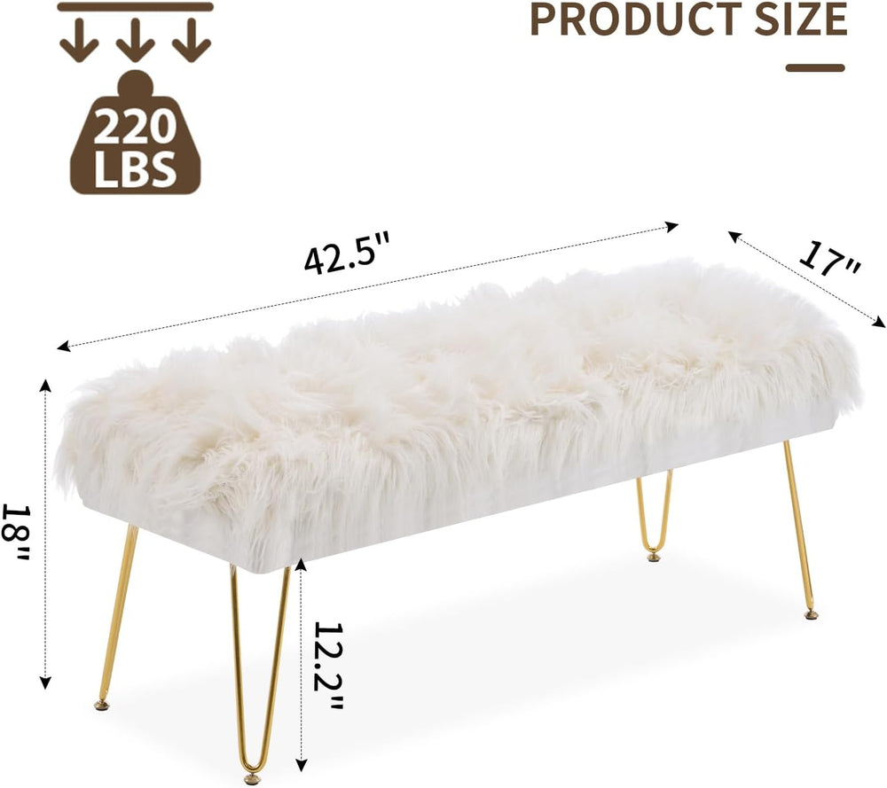 White Faux Fur Ottoman Bench Upholstered Furry Entryway Bedroom Bench with Go...