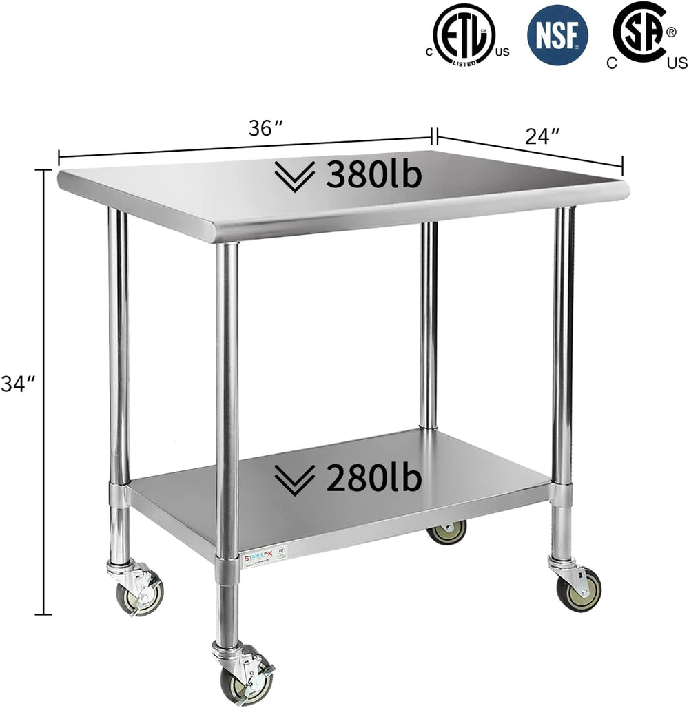 STABLEINK Stainless Steel Table with Wheels 36x24 Inches 3ft for Prep