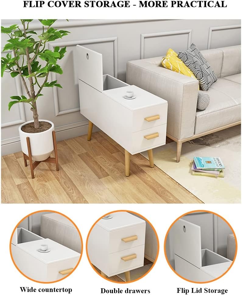 Sofa Side Table with 2 Drawer, Flip Lid Storage Narrow and Long Storage Cabin...