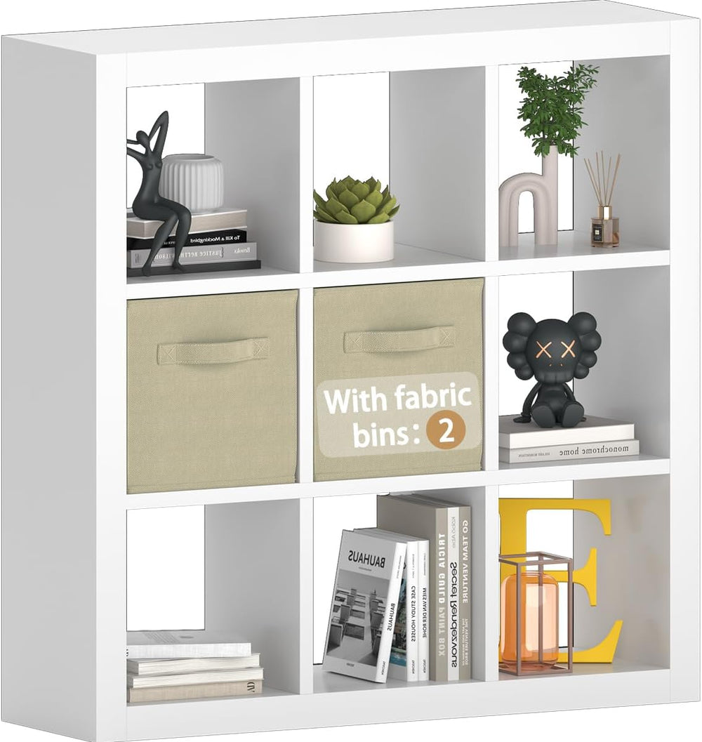 Bookshelf with Storage Bins, 9-Cube Storage Organizer Sturdy Wooden Bookcase ...