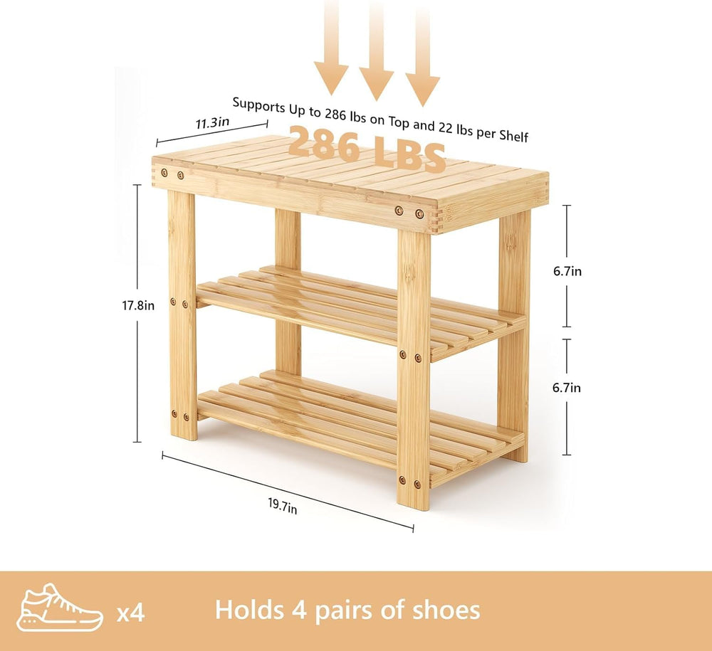 Simple Deluxe Shoe Rack Bench, 3-Tier Bamboo Storage Organizer, 286lb Capacit...