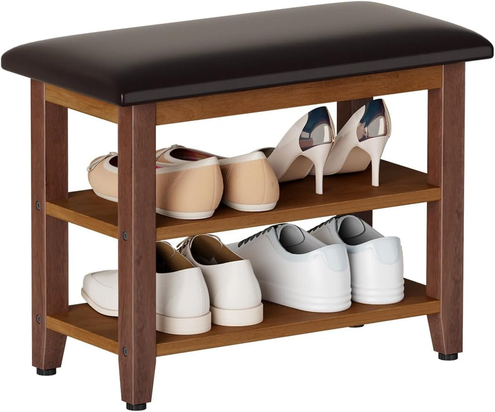 Shoe Bench with Leather Cushion,Wood Bench with Shoe Rack,2-Tier Shoe Storage...
