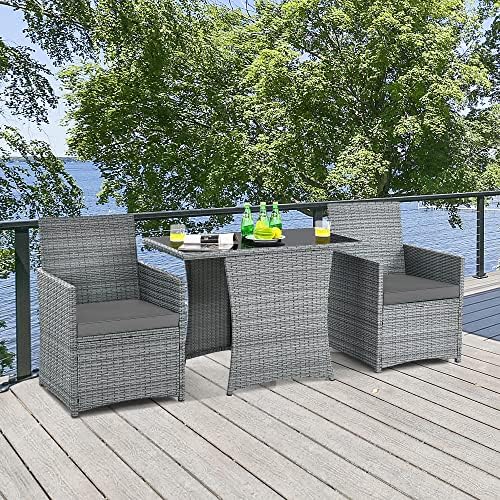 DORTALA Wicker Outdoor Bistro Set 3 Piece, Patio Furniture Set for Small Spac...