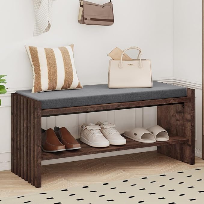 BON AUGURE Entryway Bench with Shoe Storage, 2-Tier Shoe Rack Bench with Cush...