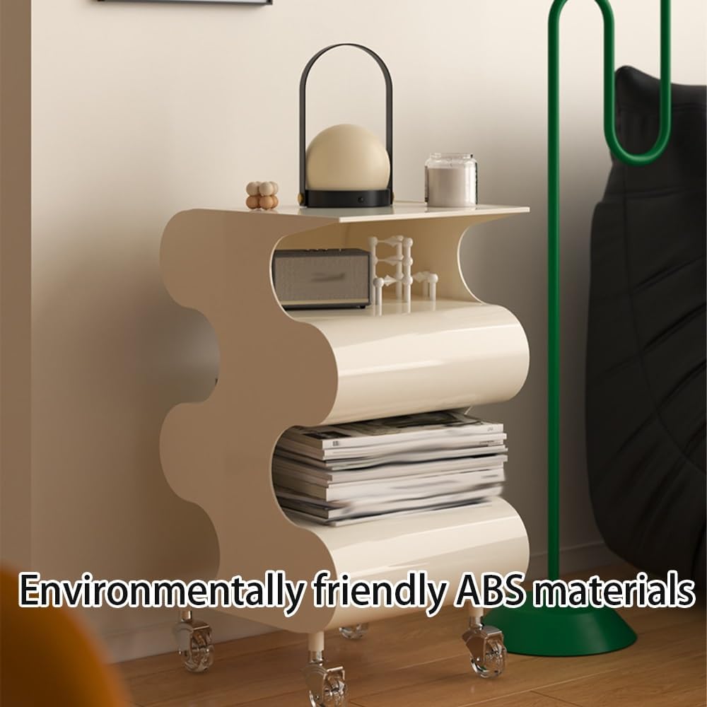S-Shaped ABS Plastic Side Table, Movable Bedside Table with Wheels, Minimalis...