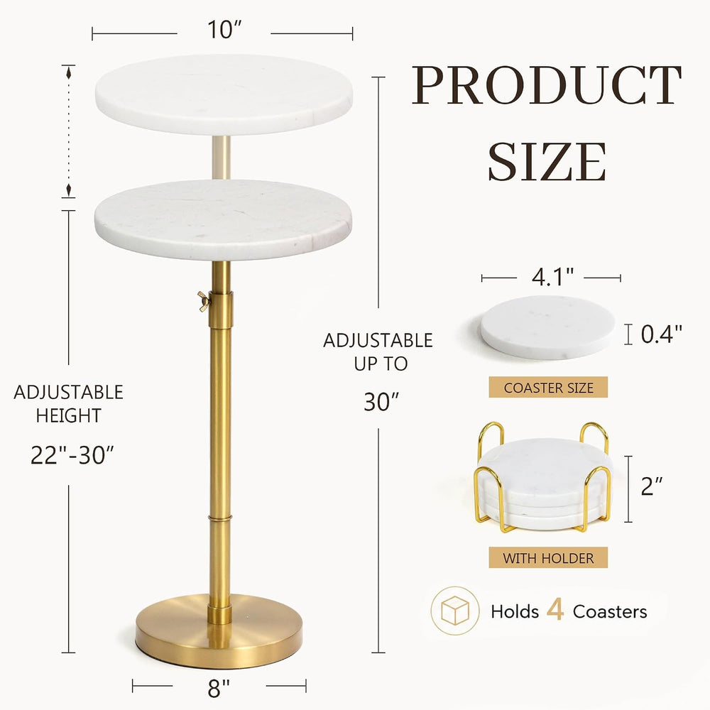 10" Adjustable Marble Drink Table, End Table with 4 Coasters