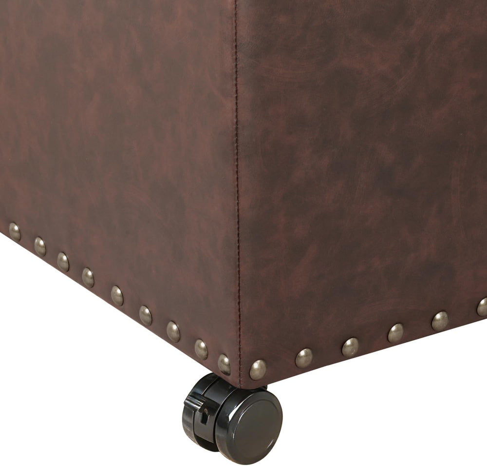 Adeco 16.7" H Brown Leather Storage Ottoman with 360 Caster Wheels, Squa...