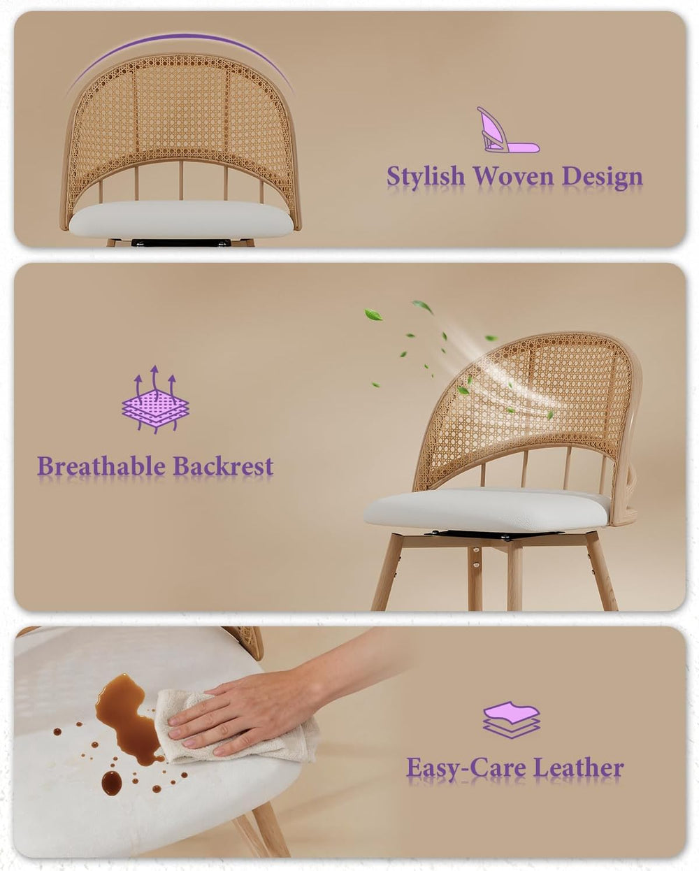 26'' Barstools Set of 4, Rattan Counter Height Swivel Stools for Kitchen
