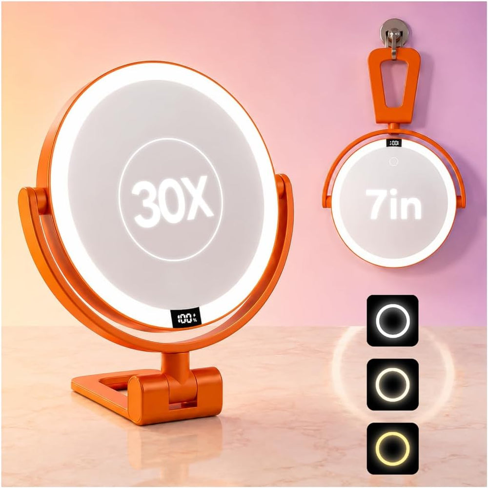 1X/30X Makeup Mirror with Lights, Magnifying Mirror (Orange)