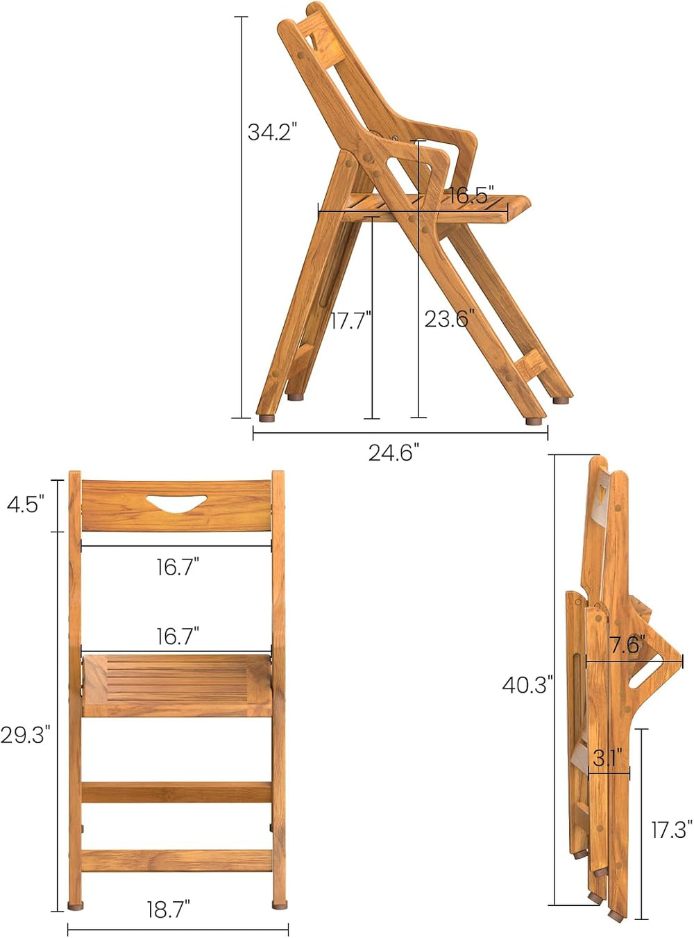 Folding Teak Shower Chair, Back & Armrests, 350lb Nonslip Senior Safety