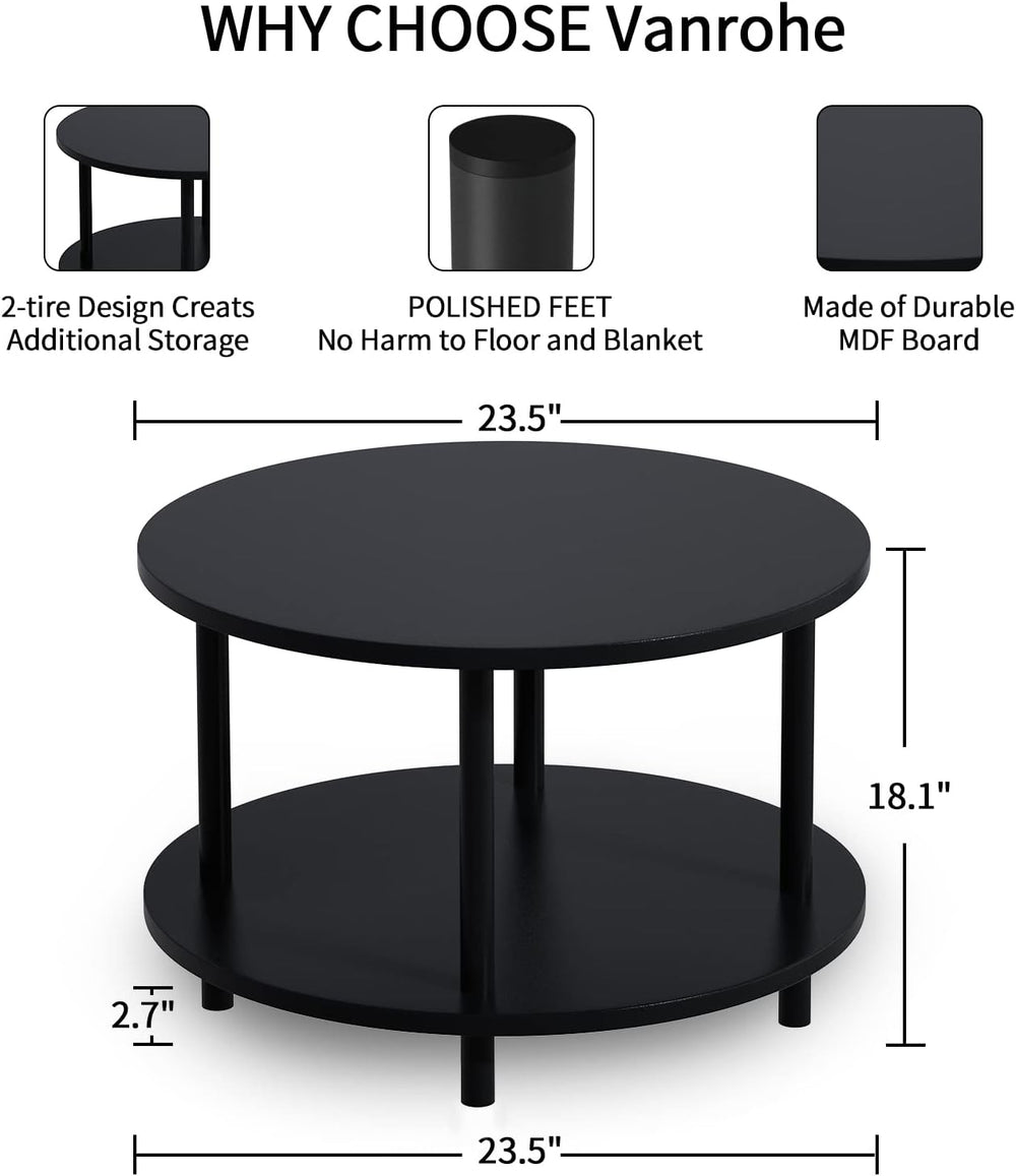 Small Round Coffee Table with Open Storage for Small Space, 23.5" Black ...