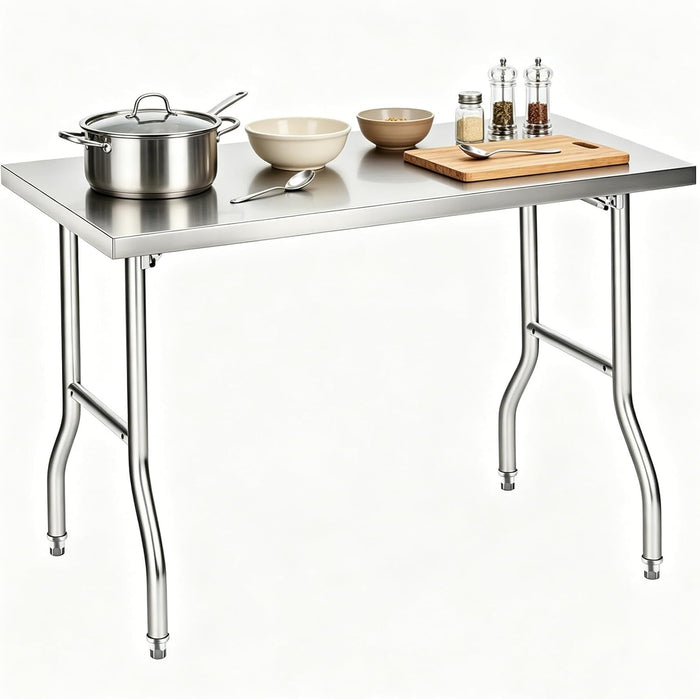Foldable Stainless Steel Table 48x24 Inch, 1-Tier Portable Workstation, Commercial & Utility Table for Kitchen Prep, Catering, Garage, Workshop and Home Use, 600 LB Capacity