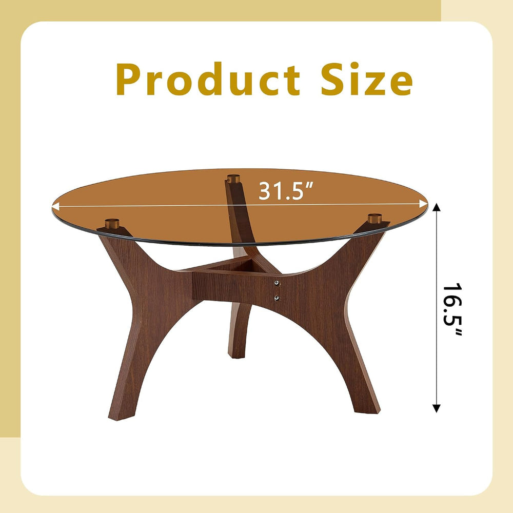 31.5" Glass Coffee Table, Mid-Century Modern Style, Walnut | Tempered gl...