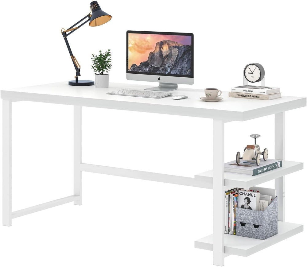 EXCEFUR White Computer Desk, Modern Home Office Desk with Storage Shelf, Wood...