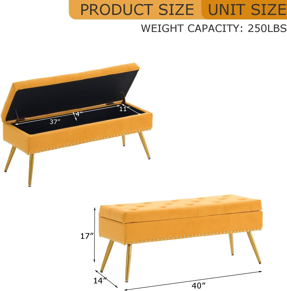 40" Mustard Yellow Velvet Storage Bench with Gold Legs Nailhead Trim | T...