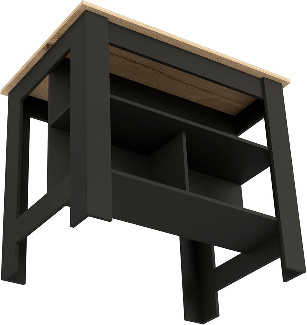 Kitchen Island with Open Shelves, Black and Light Oak, 103 cm | 3 Storage She...