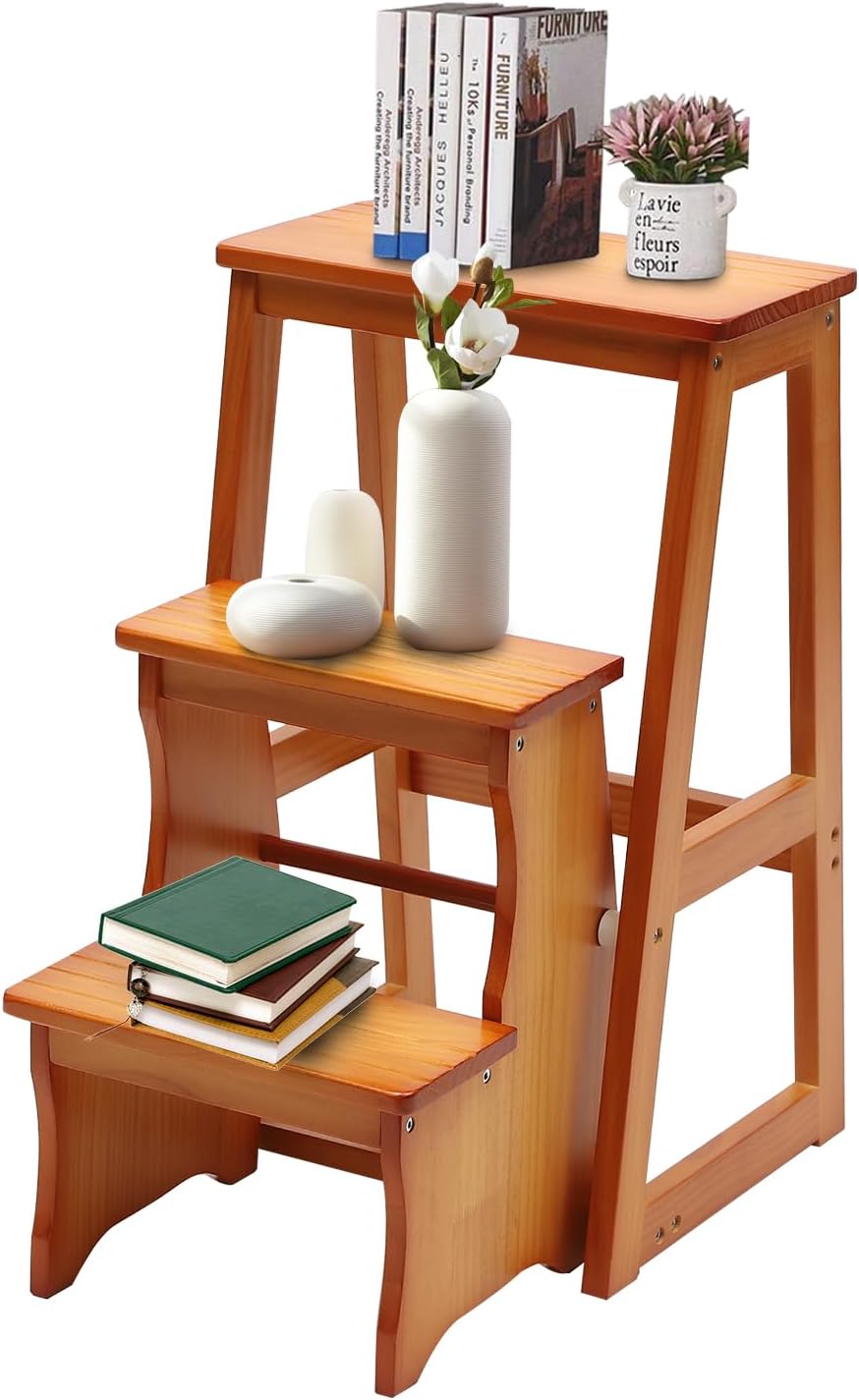 Folding Library Ladder Chair, 3-Step Stool Stepladders Lightweight Portable M...