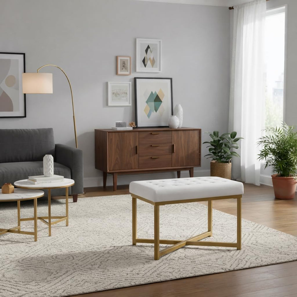 HomePop 24" Tufted Velvet Ottoman Bench - White