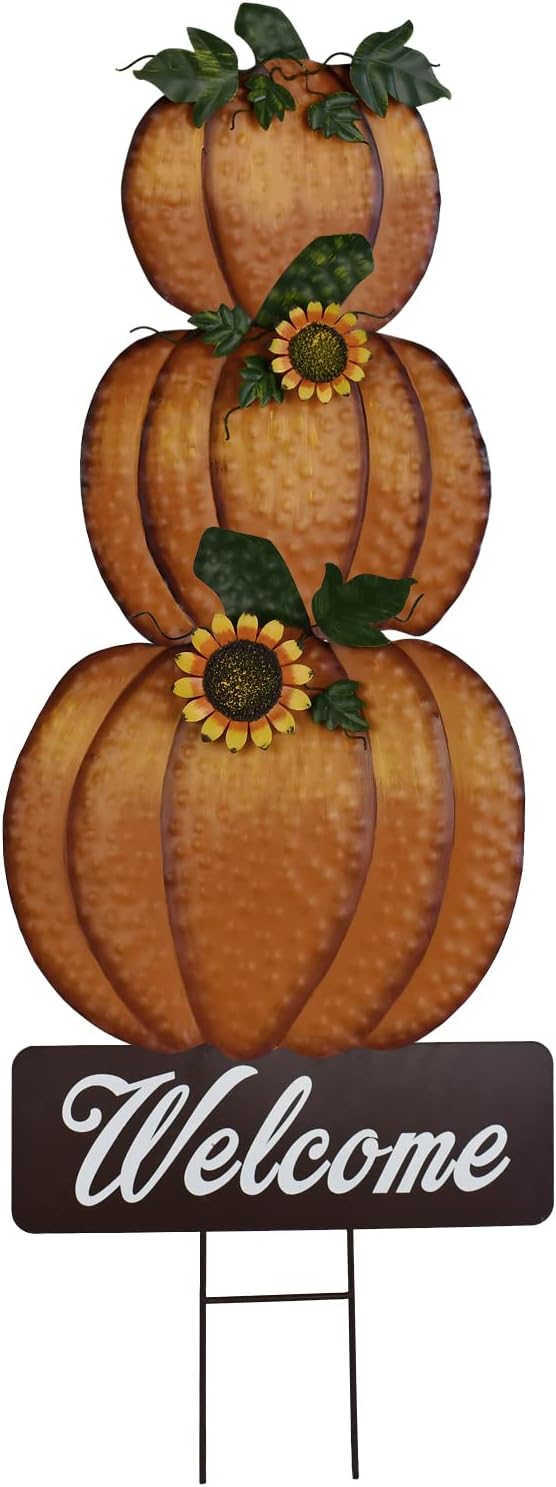 Metal Pumpkin Garden Stake Yard Sign Fall Decor Stacked Pumpkin Yard Stake