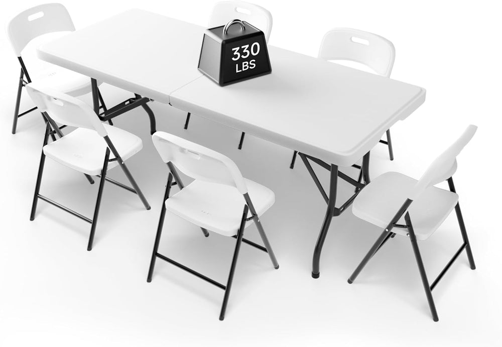 6FT Folding Table Set with 6 Chairs – Heavy-Duty 330 lb Table & 600 lb Ch...