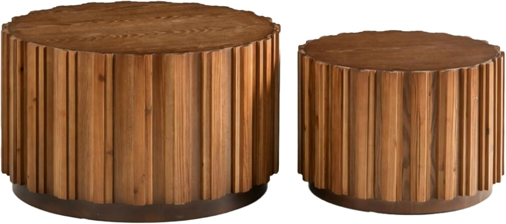 Nesting Coffee Table Set of 2, Round Fluted Drum Accent Tables, Solid Wood Sl...