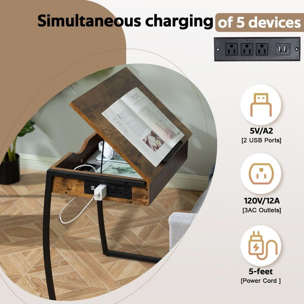 Hadulcet C Shaped End Table with Charging Station, Tiltable 0-52° | TV Tray T...