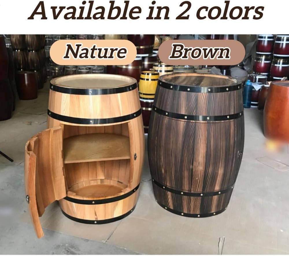 2-Tier Whiskey Barrel Table with Buckle, Solid Wood Barrel Side Table, Wine B...